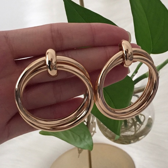 Gold Double Circle Drop Earrings - Picture 6 of 7